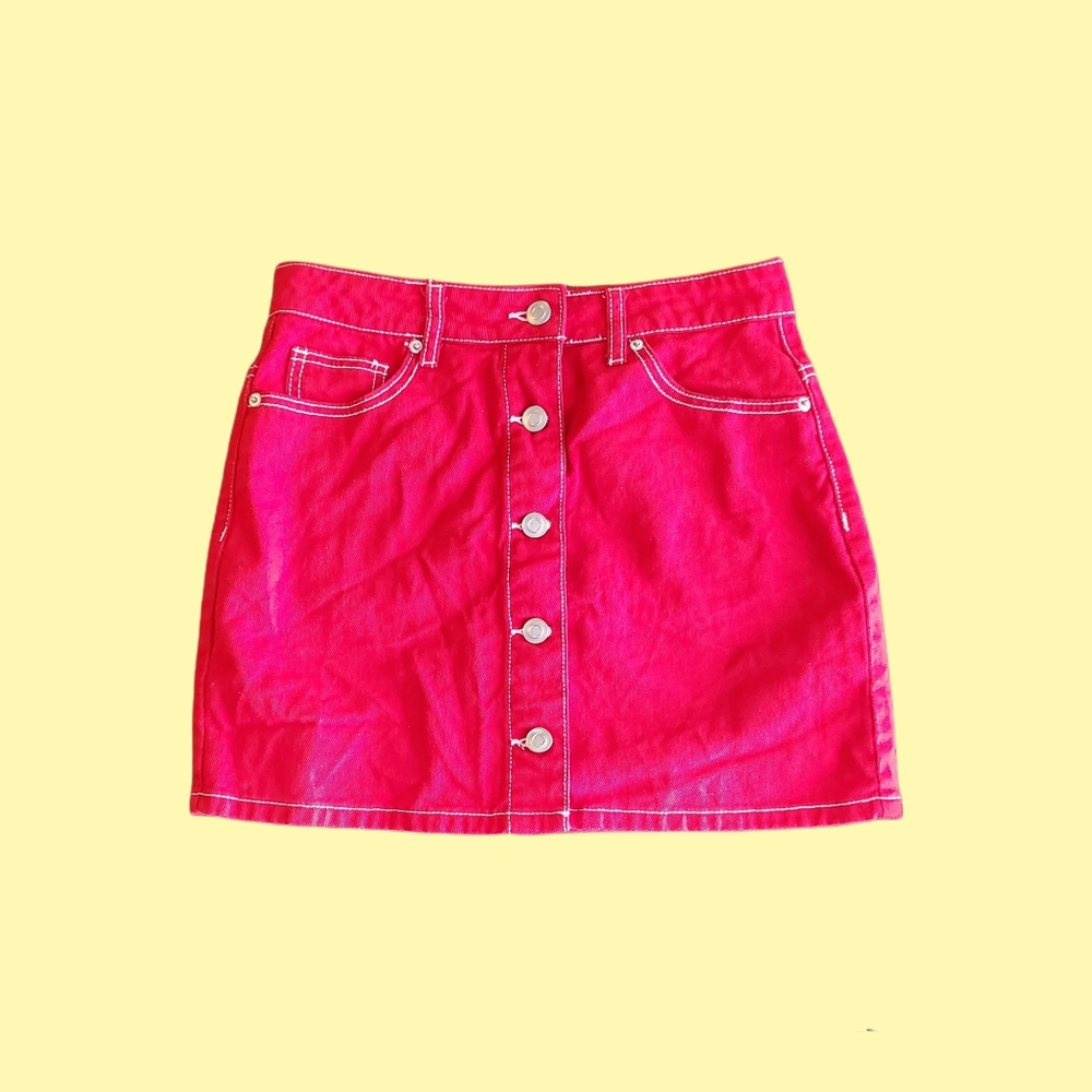 Button Front A-Line Red Mini Skirt w/ White Contrast Stitching